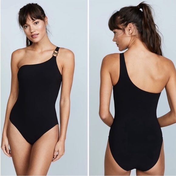 Tory Burch Gemini Link Silver Metal One Shoulder One Piece Swimsuit Black NWT - Picture 1 of 6